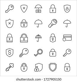 conjunto de iconos de línea de seguridad. Elementos vectores de trazo para el diseño de moda. Pictogramas simples para concepto móvil y aplicaciones web. Iconos de línea de vectores aislados en un fondo blanco. 
