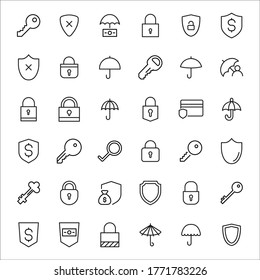 conjunto de iconos de línea de seguridad. Elementos vectores de trazo para el diseño de moda. Pictogramas simples para concepto móvil y aplicaciones web. Iconos de línea de vectores aislados en un fondo blanco. 