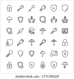 Sicherheitslinien-Symbole gesetzt. Schlagt Vektorelemente für trendiges Design. Einfache Piktogramme für mobile Konzepte und Web-Apps. Vektorliniensymbole einzeln auf weißem Hintergrund. 