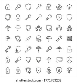 conjunto de iconos de línea de seguridad. Elementos vectores de trazo para el diseño de moda. Pictogramas simples para concepto móvil y aplicaciones web. Iconos de línea de vectores aislados en un fondo blanco. 