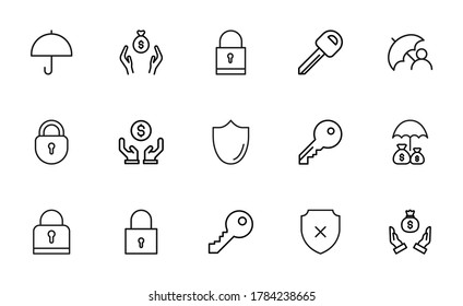Symbole für Sicherheitslinien gesetzt. Schlagt Vektorelemente für trendiges Design. Einfache Piktogramme für mobile Konzepte und Web-Apps. Vektorliniensymbole einzeln auf weißem Hintergrund.