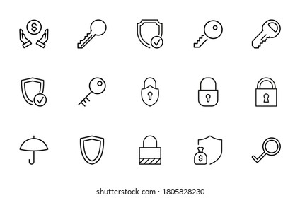 Security line icons set. Stroke vector elements for trendy design. Simple pictograms for mobile concept and web apps. Vector line icons isolated on a white background.