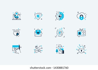 Security line icons set vector illustration. Collection consists of surveillance camera, fingerprint, id pass symbols flat style design. Network and data protection concept. Isolated on white