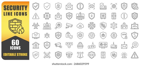 Conjunto De Vetores De Ícones De Linha De Segurança. Uma Coleção De 60 Ícones De Traço Editáveis Em Linha Fina Representando Segurança, Privacidade, Proteção, Bloqueios, Alertas E Blindagens. Perfeito Para Sistemas De Segurança, Proteção Cibernética.