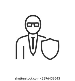 Security, linear icon. Man in glasses and tie and shield. Security agent. Line with editable stroke