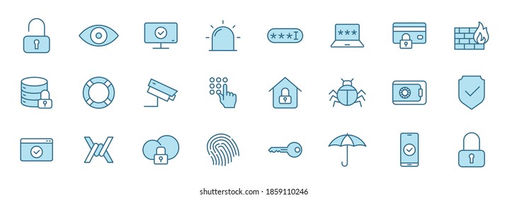 security linear vector icons in two colors isolated on white background. security blue icon set for web design, ui, mobile apps and print