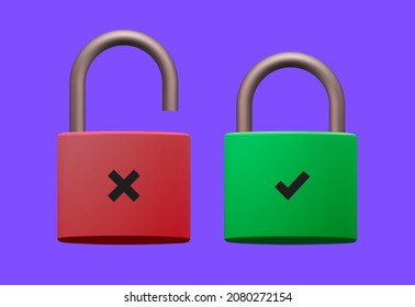 Concepto de seguridad o protección de bloqueo de seguridad con bloqueo 3d rojo abierto y verde cerrado aislado sobre fondo morado. Ilustración del vector