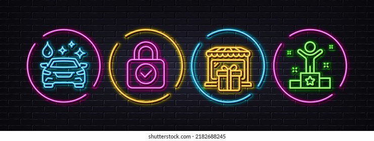 Bloqueo de seguridad, tienda de regalos y Iconos de línea mínimos para lavado de coches. Luces 3d láser neón. Iconos ganadores. Para web, aplicación, impresión. Protección cibernética, Tienda de souvenirs, Servicio de limpieza. Premio de éxito. Vector