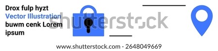 Security lock icon connected to a location pin by a line, accompanied by placeholder text. Ideal for technology, security, navigation, data protection, online services, digital tools, web design