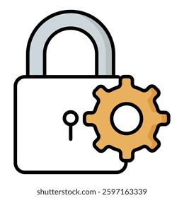 Security lock icon with a gear representing system security settings, cybersecurity configuration, secure access management, and network security optimization