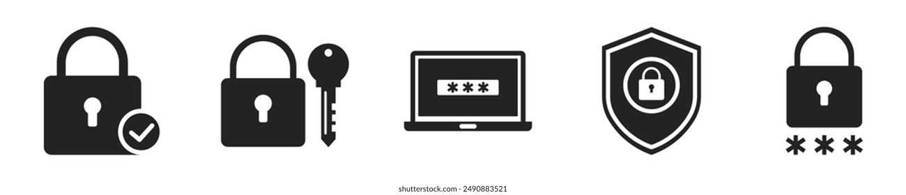 Conjunto de iconos de bloqueo de seguridad. Conjunto de 5 iconos de esquema relacionados con la seguridad. Colección de iconos lineales. Colección de iconos de esquema de bloqueo de seguridad. Trazo editable. Ilustración vectorial.