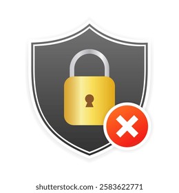 Security lock icon with shield and red error cross symbol on white background. Vector icon