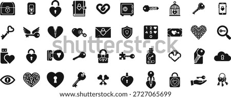Security Lock and Key to Heart Icons Glyph Vector Collection