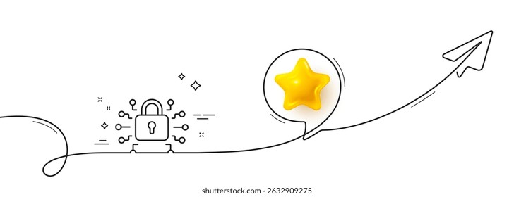 Security lock line icon. Continuous line with share plane. Cyber defence sign. Private protection symbol. 3d star in speech bubble. Security lock single line ribbon. Loop curve pattern. Vector