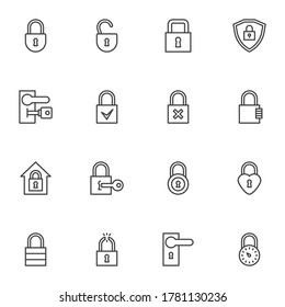 Security Lock Line Icons Set, Outline Vector Symbol Collection, Linear Style Pictogram Pack. Signs, Logo Illustration. Set Includes Icons As Closed And Open Padlock, Key, Door Handle