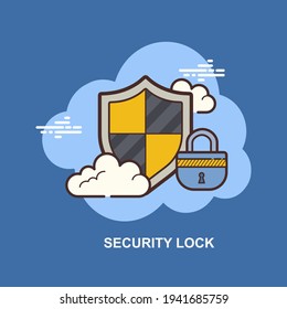 Security lock with shield protection on blue background flat concept design