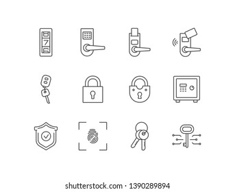 Security locks line icons with code combination, electronic card door, padlock, remote car key, safe, fingerprint.