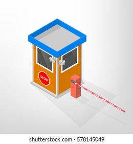 Security lodges with automatic barriers and video surveillance cameras isolated on white background. Flat 3D isometric style, vector illustration.