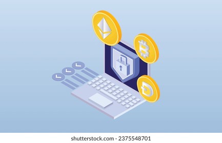 Monedas digitales de inicio de sesión de seguridad.sobre fondo azul.Diseño 3D.diseño vectorial isométrico Ilustración.