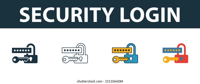 Security Login icon set. Four elements in diferent styles from web development icons collection. Creative security login icons filled, outline, colored and flat symbols.