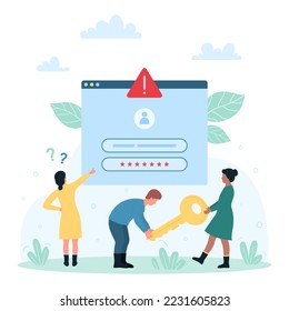 Security of login and password for user account vector illustration. Cartoon tiny people holding key for authorization, verification and access, phishing and scam data protection for mobile app