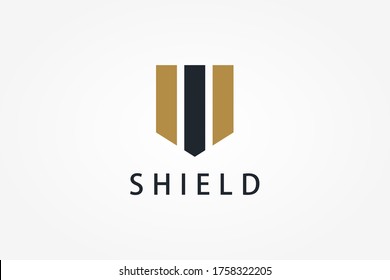 Security Logo. Black Gold Geometric Shield Arrow Initial Letter M Military Symbol isolated on White Background. Flat Vector Logo Design Template Element