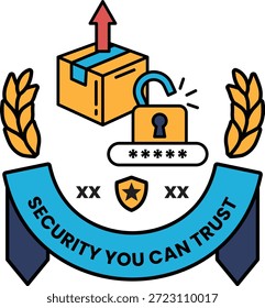 Un logo de seguridad con una caja y una llave. El logo dice "Seguridad en la que puedes confiar". El logo es blanco y negro