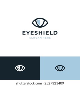 Logotipo de seguridad. Estilo lineal del icono de la lente del ojo con el escudo dentro del diseño plano del logotipo de la protección del Vector