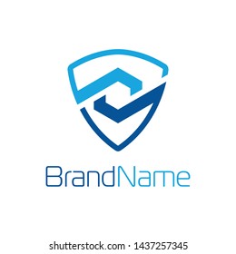 Security logo forming a shield and negative space of cube in blue color