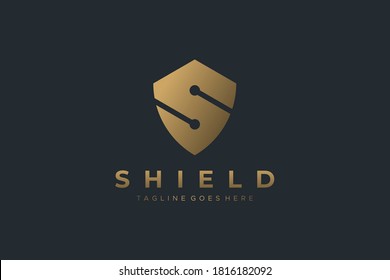Security Logo. Gold Geometric Shape Initial Letter S Shield Symbol isolated on Black Background. Usable for Business and Technology Logos. Flat Vector Logo Design Template Element.