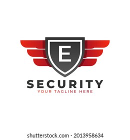 Security Logo. Initial E with Wings and Shield Icon. Car and Automotive Vector Logo Template