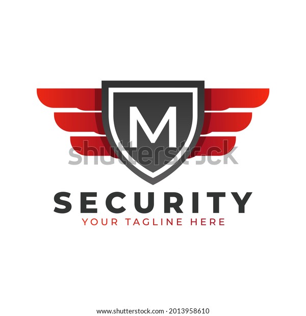 Security Logo. Initial M with Wings\
and Shield Icon. Car and Automotive Vector Logo\
Template