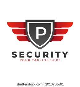 Security Logo. Initial P with Wings and Shield Icon. Car and Automotive Vector Logo Template