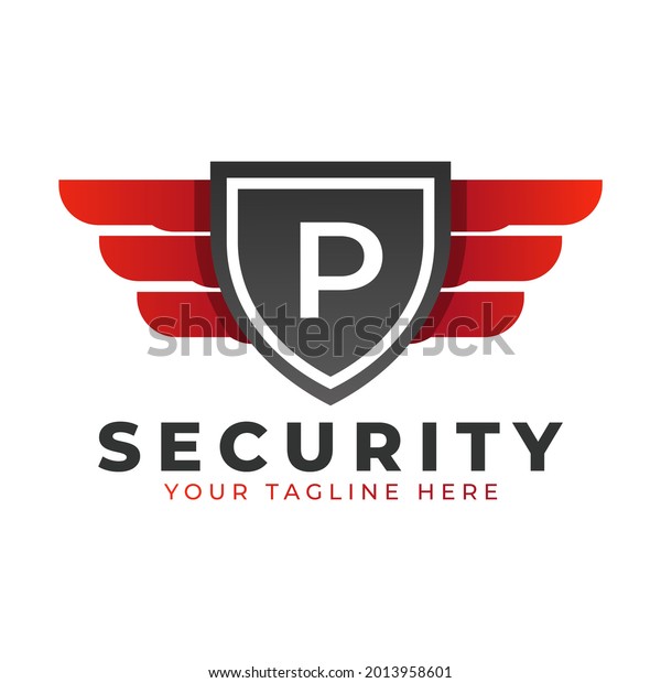 Security Logo. Initial P with Wings\
and Shield Icon. Car and Automotive Vector Logo\
Template