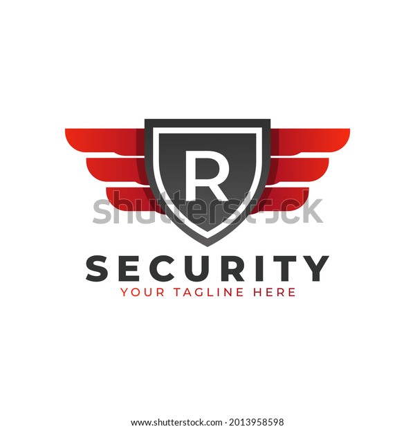 Security Logo. Initial R with Wings\
and Shield Icon. Car and Automotive Vector Logo\
Template