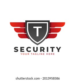 Security Logo. Initial T with Wings and Shield Icon. Car and Automotive Vector Logo Template