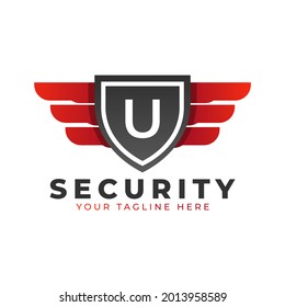 Security Logo. Initial U with Wings and Shield Icon. Car and Automotive Vector Logo Template