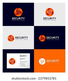 Security logo. Orange letter S like shield shape inside vortex circle. S monogram. Identity. Business card.