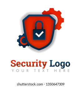 Security logo template with lock, checklist, shield and gear. for  construction, delivery, software, e-commerce, machine and automotive industries.can be for web, banner, flyer, brochure, mobile