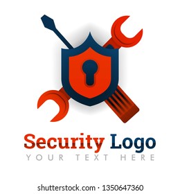 Security logo template for repair, maintenance, upgrading, software industry, errors, bugs, technology, internet, online, digital industry, web design. can be for web, banner, flyer, brochure, mobile