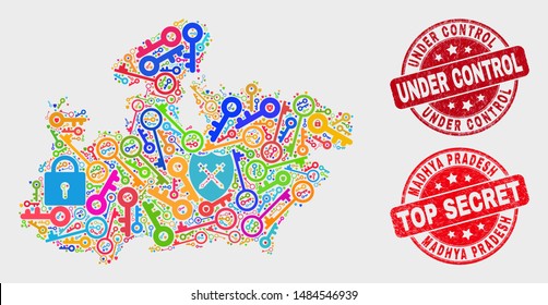 Security Madhya Pradesh State map and stamps. Red rounded Top Secret and Under Control distress stamps. Colored Madhya Pradesh State map mosaic of different safety items.