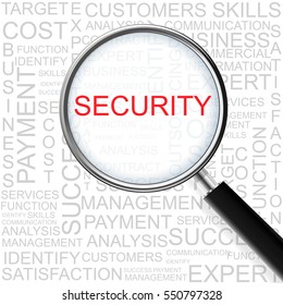 Security. Magnifying glass over seamless background with different association terms. Business Concept.