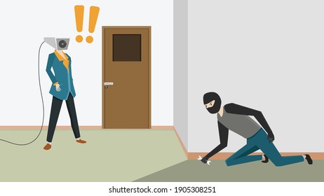 Security Man with head CCTV he stood surveillance in front of the door and discovered something. Thief or culprit wears a mask and crouches with a wrench in hand.