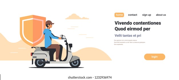 security man riding scooter with shield business protection safe privacy database concept isolated flat horizontal copy space vector illustration