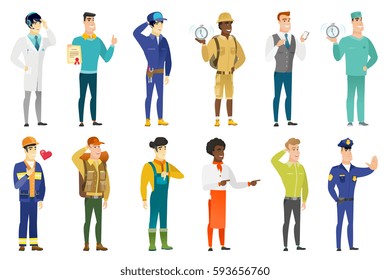 Security man showing stop hand gesture. Full length of security man doing stop gesture. Serious security man with a stop gesture. Set of vector flat design illustrations isolated on white background.