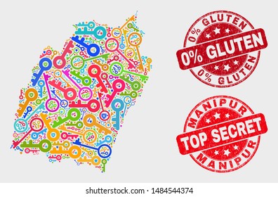 Security Manipur State map and seals. Red rounded Top Secret and 0% Gluten distress seals. Bright Manipur State map mosaic of different privacy elements. Vector composition for security purposes.