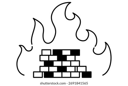 Medidas de seguridad, línea de dibujo icono de llamas que envuelve una pared de ladrillo, blanco y negro, Ilustración vectorial