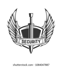 Security. Medieval sword with wings. Design element for logo, label, emblem, sign, badge. Vector illustration