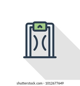 security metal detector, safety technology thin line flat icon. Linear vector illustration. Pictogram isolated on white background. Colorful long shadow design.