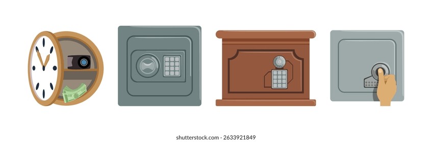 Security Metal Safe Deposit Box for Money Saving Vector Set